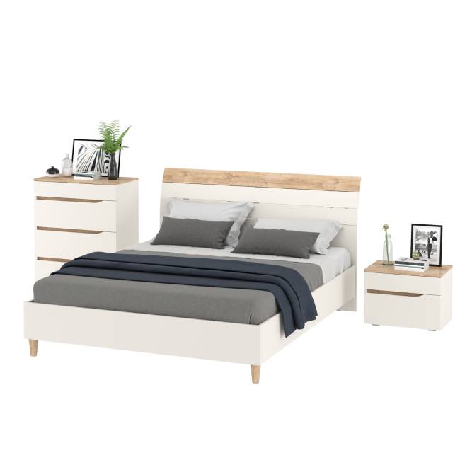 Муссон мебель для спальни: кровать 1600, основание, тумбочка и комод 4-ре ящика цвет белый/дуб эндгрейн элегантный