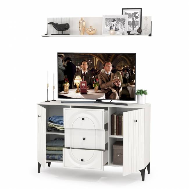 Комод-ТВ-тумба Валенсия 13.309 с навесной полкой цвет белый шагрень