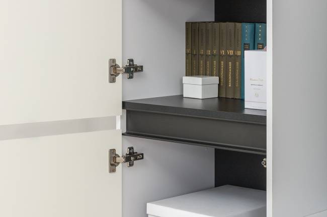 Два шкафа Сидней с дверками и один шкаф Сидней с ящиком цвет белый/чёрный/МДФ белый глянец