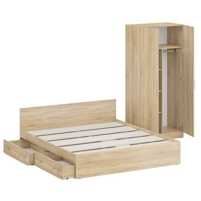 Двуспальная кровать с ящиками 1800 со шкафом для одежды 2-х створчатым Стандарт цвет дуб сонома