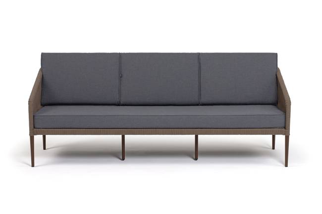 "Канны" диван 3-местный плетеный из роупа, каркас алюминий темно-серый (RAL7024) шагрень, роуп темно-серый круглый, ткань темно-серая 019