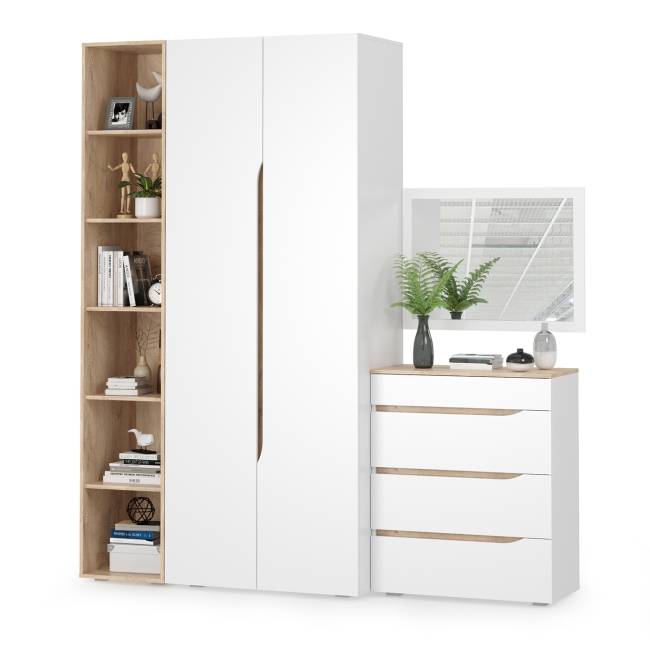 Комплект Муссон Шкаф + Стеллаж + Комод + Зеркало цвет белый/дуб эндгрейн элегантный