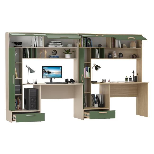 Два письменных стола с пеналом Лайт 03.243Н цвет сатин/дымчатый зелёный/плэйн/дымчатый зелёный
