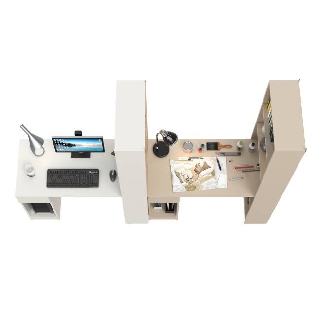 Два стола письменных с выдвижным ящиком и открытым шкафом Лайт 10.01 цвет белый гладкий/сатин