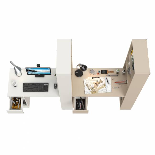 Два стола письменных с выдвижным ящиком и открытым шкафом Лайт 10.01 цвет белый гладкий/сатин