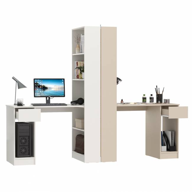 Два стола письменных с выдвижным ящиком и открытым шкафом Лайт 10.01 цвет белый гладкий/сатин