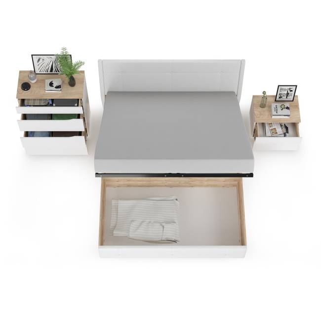 Комплект Кровать Муссон 11.28 + подъёмный ортопед + Тумба 16.03 + Комод 13.97 цвет белый/дуб эндгрейн элегантный/кожзам белый