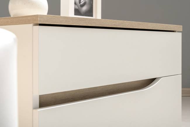 Комплект Кровать Муссон 11.28 + подъёмный ортопед + Тумба 16.03 + Комод 13.97 цвет белый/дуб эндгрейн элегантный/кожзам белый