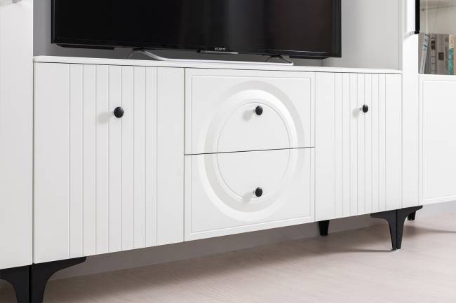 Две навесных полки с ТВ-тумбами и сервантом Валенсия цвет белый шагрень